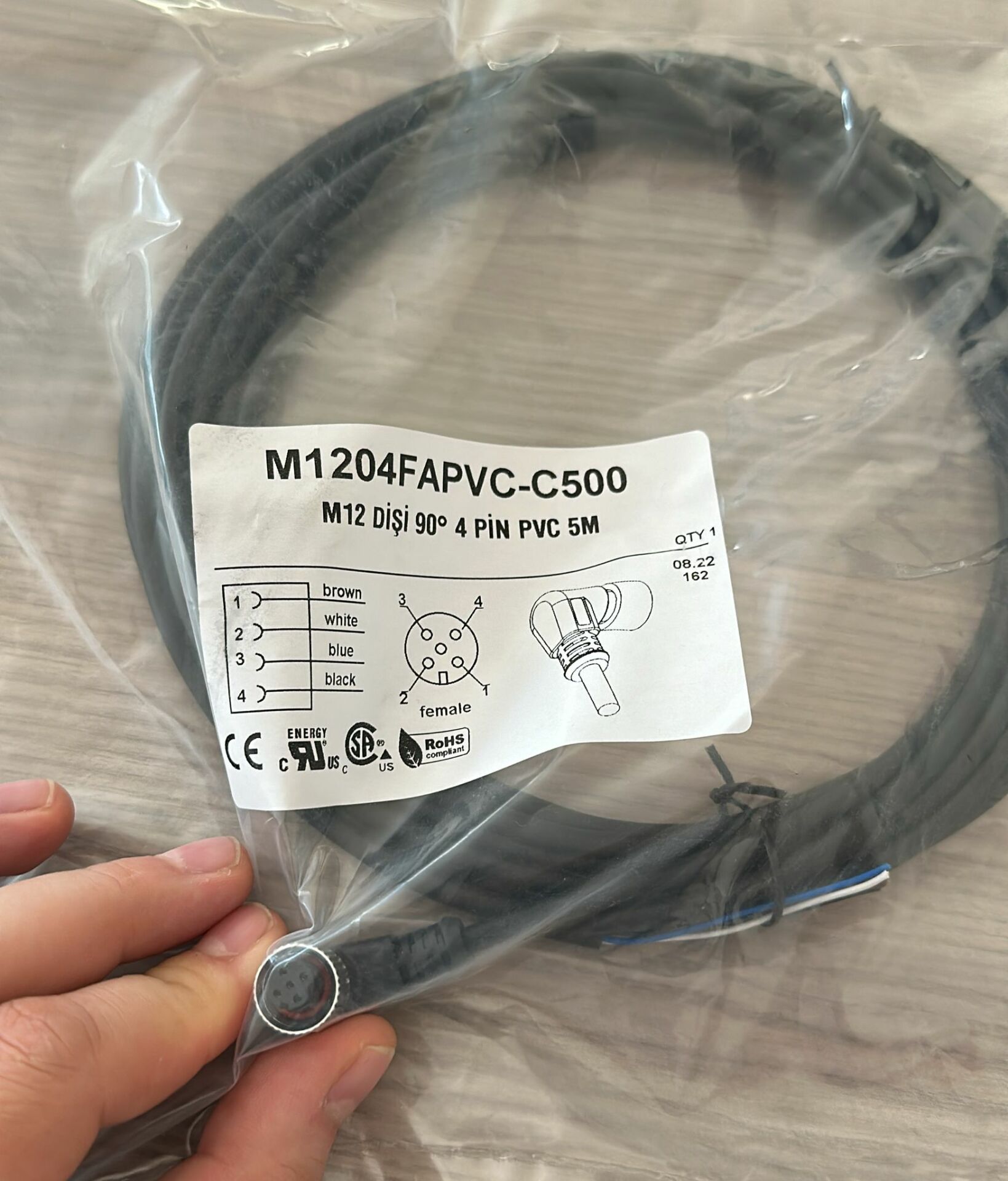 M1204FAPVC-C500 m12 Dişi 90 Derece 4 Pin Pvc 5m