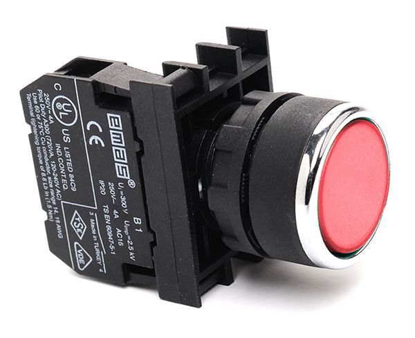B100DK Düz Kafalı Yaylı 22mm 50 IP Start Kumanda Butonu Kırmızı 1NO