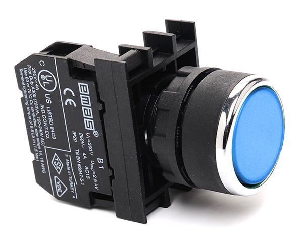 B102DM Düz Kafalı Yaylı 22mm 50 IP Çift Devre Kumanda Butonu Mavi 1NO+1NC