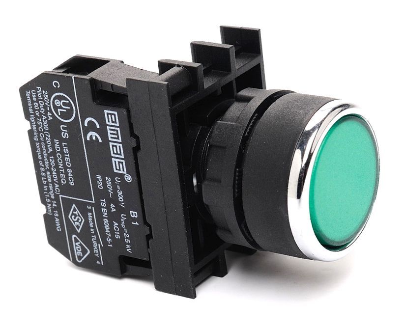 B102DY Düz Kafalı Yaylı 22mm 50 IP Çift Devre Kumanda Butonu Yeşil 1NO+1NC