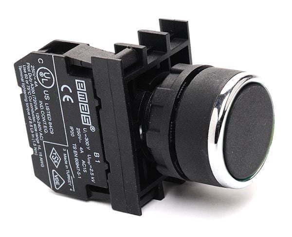 B102DH Düz Kafalı Yaylı 22mm 50 IP Çift Devre Kumanda Butonu Siyah 1NO+1NC