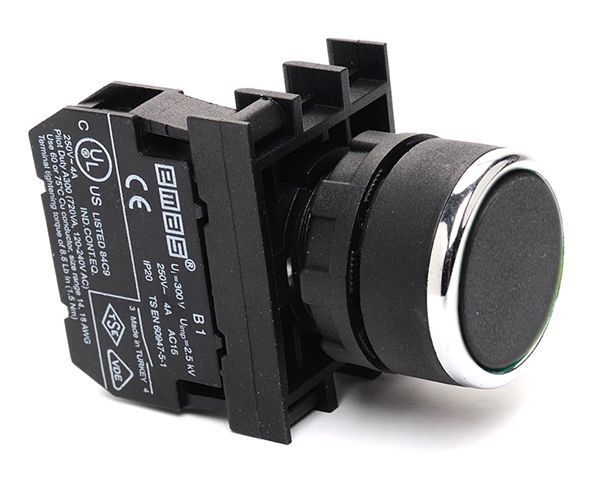 B202DH Düz Kafalı Yaylı 22mm 50 IP Çift Stop Kumanda Butonu Siyah 2NC
