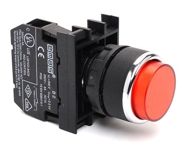 B100HK Çıkık Kafalı Yaylı 22mm IP 50 Start Kumanda Butonu Kırmızı 1NO