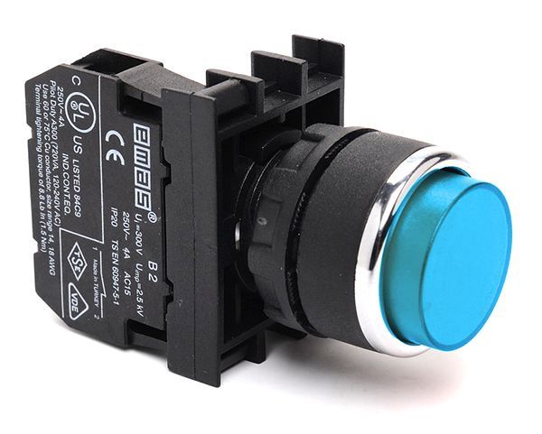 B101HM Çıkık Kafalı Yaylı 22mm IP 50 Çift Start Kumanda Butonu Mavi 2NO