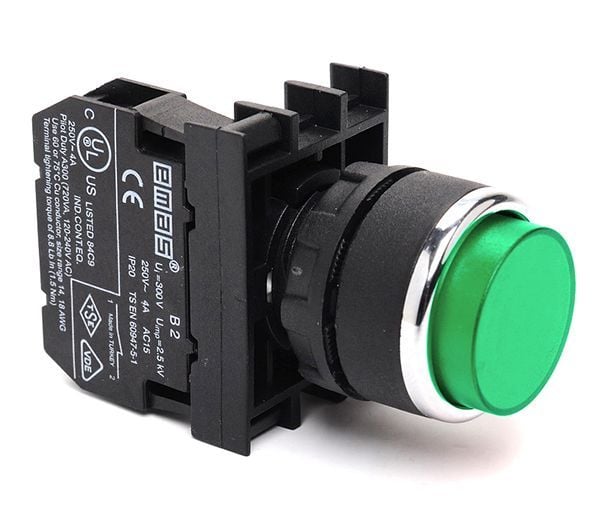 B102HY Çıkık Kafalı Yaylı 22mm IP 50 Start Stop Kumanda Butonu Yeşil 1NO+1NC