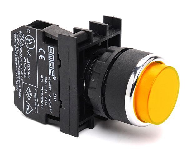 B102HS Çıkık Kafalı Yaylı 22mm IP 50 Start Stop Kumanda Butonu Sarı 1NO+1NC