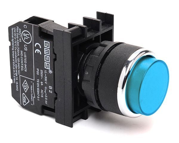 B200HM Çıkık Kafalı Yaylı 22mm IP 50 Stop Kumanda Butonu Mavi 1NC