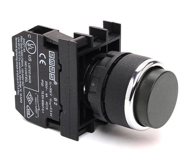 B202HH Çıkık Kafalı Yaylı 22mm IP 50 Çift Stop Kumanda Butonu Siyah 1NC