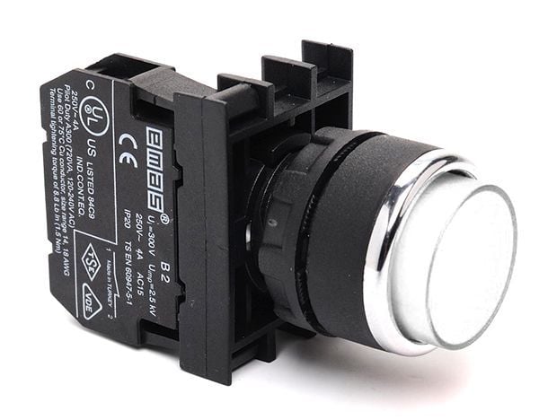 B202HB Çıkık Kafalı Yaylı 22mm IP 50 Çift Stop Kumanda Butonu Beyaz 1NC
