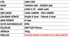 Mercure MC-6869 Şarjlı LED Projektör Fener 1100 Lümen 10W COB 4400 mAh Powerbank