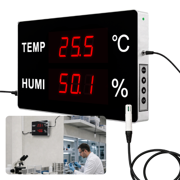Huato CableNanoSense-18 Kablolu Büyük Sıcaklık Nem Ölçer | 3 m Sensörlü | 4,5 cm LED Rakam