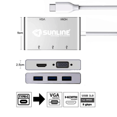 Sunline 170694 Type-C USB 3.0 Hub/HDMI /VGA 5 in 1 Dönüştürücü