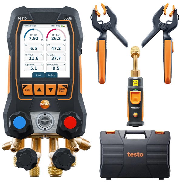 Testo 558S Dokunmatik Ekranlı Akıllı Manifold Vakum Seti | Bluetooth’lu Dijital Klima ve Soğutma Servis Seti