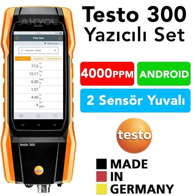 Testo 300 Akıllı Dokunmatik Baca Gaz Analiz Cihazı | Yazıcılı O2 ve CO Ölçüm Seti