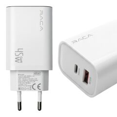 Raca U201 GaN 45W (Type-C PD + USB QC) Yüksek Performanslı Hızlı Şarj Adaptörü – Beyaz